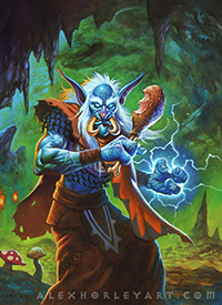 The troll Shaman Bru'Kan's fist crackles with lightning, wielding a drumstick in his right hand within a gloomy cave.