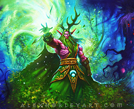 The night elf Druid Malfurion Stormrage uses the power of nature, with a billowing cloak outstretched.