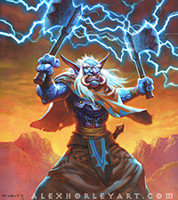 The troll Shaman Bru'Kan holds his twin axes up high as they are charged with lightning.