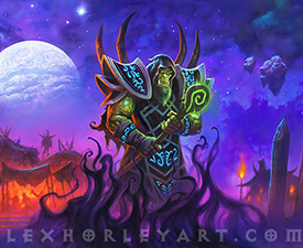 The orc Warlock Gul'dan stands stoically in the Darkmoon Faire amidst a starry sky.