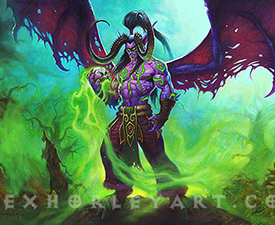 Illidan Stormrage stands stoically with a skull in his hand, wings unfurled.