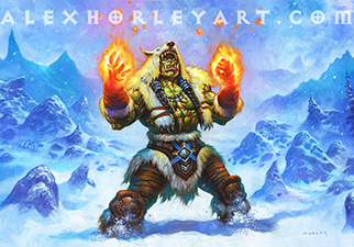 The orc Shaman Thrall stands with blazing fire around his raised fists, in a snowy environment.