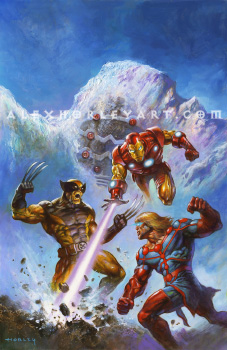 Wolverine, Iron Man, and Ikaris do battle in a snowy landscape.