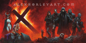 Extended artwork of the cover of Death XX's Death SS album. The band stands, clad in black, atop rotting corpses. On the back of the CD, two women pose above a coffin.