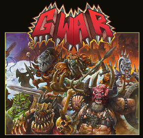 The members of GWAR stand amidst snowy ruins, with the band's logo at the top.