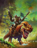 An armored soldier rides a hulking dinosaur, wielding a smoking gun and a high-tech spear. He wears curved metal armor on top of heavy cloth, and a helmet with glowing eyes and a respirator. His breastplate has an emblem with a cog surrounded by golden wings. The dinosaur he rides is shaped like a T-Rex with a bony spine, and has its huge, toothy maw open, gazing at the viewer. The soldier has a flag attached behind him, and in the background are two other soldiers wearing similar armor walking through a chest-deep swamp. Behind the figures is dense vegetation.
