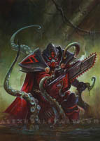 Inquisitor stands knee deep in a swamp, with tentacles wrapping around him. He holds a combination chainsaw-gun in one hand, its barrel smoking, and clutches a tentacle in the other hand. Inquisitor wears dark armor plates and cloth, covering his entire body, as well as a flowing cape, with runes painted on his helmet and shoulders. He is looking towards the viewer. 