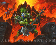 The Troll, Rock Master Voone, shreds his guitar in front of Blackrock Mountain, with a volcano erupting above him. On both sides of the frame are massive stone speakers, and rocks burst up from the ground as he plays. His guitar looks more like an axe, with a horned skull at the top of the neck and a huge blade serving as the bottom of the guitar. Black dragons breathe fire behind him.