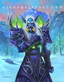 A younger Bru'Kan stands calmly in an icy valley.