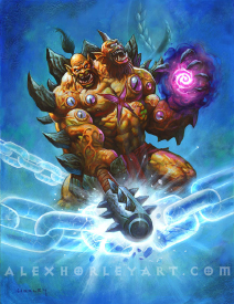 The two headed Ogre Mage, Cho'Gall, slams a spiked, cylindrical mace into a giant spectral chain, breaking it. He has two heads, as he is an Ogre, and his muscular body has numerous large snake-like eyes bulging out of his skin. Rock like spines appear from his back, and he holds dark, twisting magical energy in his other hand. The ears on his cyclopean head have morphed into fins, and he has an X-shaped scar on his chest. One of his heads laughs maniacally while the other looks forward menacingly.
