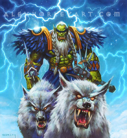 The orc Drek'Thar stands behind two Frostwolves amidst a storm of lightning.