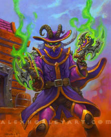 Gunslinger Kurtus is a Demon Hunter wearing a wide brimmed hat, with two curved, sharp horns poking through the hat, as well as long white hair underneath. He holds two pistols with curved, elaborate blades attached to them on the top and bottom, with fel fire rising up from them. He wears a high collar covering the bottom of his face, skulls on his shoulders, and colorful clothing covering the rest of his body. He stands in a windswept desert with a building nearby.