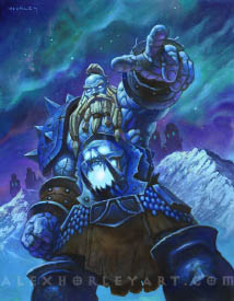 Hodir, Father of Giants, a Titanic Watcher, towers over an icy landscape, his left arm outstretched in a pointing motion roughly towards the viewer, but high above their head. His skin matches the environment, as if he were hewn from ice, his beard appears to be made of rock, and he wears heavy armor save for his exposed chest and arms. On his belt is a huge, tusked skull with a glowing mouth and eyes.