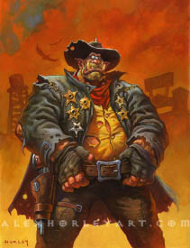 Kingpin Pud is a cyclopean ogre in a cowboy outfit, with a wide hat and a cape, looking down and giving the viewer a scowl. He has both of his huge hands on his belt, and on his coat are several mismatched sheriff's stars, with bullet holes through the center of them. He has a gun on his hip, and all of his clothes are riddled with bullet holes, perhaps implying he has scavenged them and the sheriff's stars from fallen foes in a shootout.