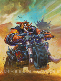 Korrak, rides a Horde-themed chopper bike wearing leather and spikes, as well as sunglasses and a tough grimace. In the background is a tall, spiked tower and a desert.