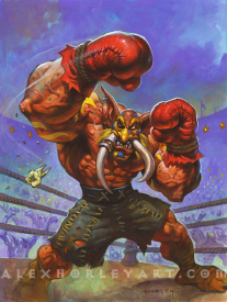 Korrak wears boxing gloves in a boxing ring, with a crowd around him. He is swinging a right hook, slightly upward, and his titanic punch appears to have dislodged a tooth from an unseen opponent.