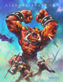 Korrak the Bloodrager, a Gurubashi Troll, rages amongst human soldiers, shattering spears with his fists raised high.