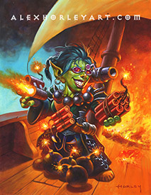 A goblin engineer, the Maddest Bomber, stands on a burning pirate ship, wielding far too many bombs for any practical person.