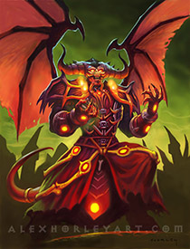 Battlegrounds Hero, Malefic Jaraxxus, an Eredar, stands in Outland with wings spread.