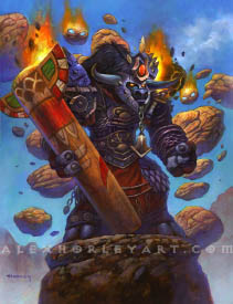 Maruut Stonebinder is a Tauren Shaman holding a large totem, flanked by two Earth Elementals with flaming heads. His shoulder armor is aflame as well, and he has a crest with a glowing gem in the center of his helmet. He wears a mix of scale and plate armor, and his free hand is clenched into a fist. The Totem he holds is as tall as he is, with two small carved wings at the top. The Earth elementals are made of a collection of floating rocks, and Maruut stands on a lone pillar in a misty canyon.