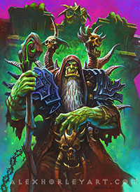 Gul'dan, an orc, stands in front of the Dark Portal, wizened by his years.