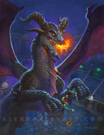 A dragon of the Black Dragonflight looks down menacingly, with two trolls held in their hands who are struggling to escape, their weapons dropped to the ground below. Flames are emanating from the Obsidian Ravager's mouth, and they have glowing eyes, four horns, and outstretched wings. The Obsidian Ravager appears to be in a sort of mage tower, with glowing lights, ornate stonework, and crystal balls around them. 