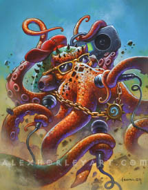 Octosari, an enormous octopus, wears sunglasses, a red hat, and a gold chain with a Hearthstone symbol, and is holding multiple giant microphones and a boombox, as if he is rapping (or wrapping). Around him is a desert with rocks and sand being heaved into the air from the sheer power of his beats.
