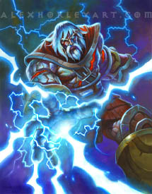 The Titan-Forged Ra-den strikes a dynamic pose, hand outstretched towards the viewer, blasting lightning out of his palm. He wears thick leather armor with an exposed chest, with glowing tattoos. His eye glows like his lightning magic, and behind him is more lightning and stormy clouds.