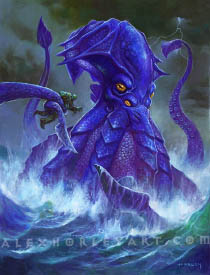 The Ravenous Kraken towers above the sea, with a Kvaldir wrapped in its tentacles. The Kraken has four eyes and bumpy, scaly skin. Curtains of water fall from the Kraken's four visible tentacles, and the waves around them are tumultuous, with a storm in the background.
