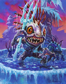 The Murloc Rotgill emerges from an icy pool alongside two of their brethren. Rotgill has huge eyes and uneven fangs, and holds a trident made of ice, and has pallid, unnatural skin. In the background is a sculpture and architecture covered in windblown ice.