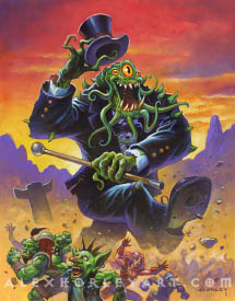 The Boogie Monster, a tentacled giant with three eyes, dances jauntily in a fancy suit and top hat, holding a cane. He is smiling, and appears very happy. He is lifting the top hat above his head, and orcs, goblins, and blood elves in the audience run away from him as earth and rocks are kicked up. Behind him is a sunset and mountains, as well as a large, indistinct audience.
