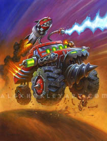 The Boommobile, a goblin monster truck, speeds over a desert landscape, kicking up bones. It has tires with huge treads, and a spiked maw at the front with a drill underneath it. On top is a flaming rocket, and an articulated metal arm with a spike shooting an icy ray. A boom-bot also stands precariously on the hood, with an expression of surprise. The Boommobile's exhaust vents are shooting out flames, and the ground is curved with an exaggerated perspective to indicate speed.