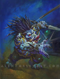 The Withered Spearhide is an undead Quillboar in the midset of battle, with their right arm outstretched, having just thrown a spear, visible in the top of the frame, and their left arm holding a bladed spear back, and above their head. Their skin is taut and veined, with many spiked quills poking out like a porcupine. They are wearing tattered pants and wrist wraps, and they are pictured in gloomy moonlight.