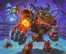 Dr. Boom pilots a mech in a boxing ring, with a mechanical rocket fist firing off of his mech's right arm. The mech has a large, rotund body and large forearms, with comparatively smaller legs that widen towards the feet. The mech has multiple tentacles rising up from its shoulders, and one crackles with electricity. In the bottom left of the frame is a boom bot, a walking bomb, gazing at Dr. Boom.
