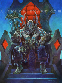 Zovaal the Jailer sits threateningly in a throne with his mace in hand. He wears a metal collar, gauntlets, a belt, and ragged pants.