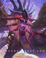 Alternate artwork for Kolaghan's Command in Double Masters 2022 - Kolaghan roars as purple lighting gathers in her jaw.