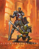 Alternate artwork for Mentor of the Meek in Double Masters 2022. A human and goblin stand together, wearing Boros colors, in front of a Boros citadel bathed in orange.