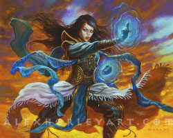 Alternate artwork for Narset, Parter of Veils, where Narset wields magic in front of a sunset and roiling clouds. Her robes billow around her, creating a feeling of power. She looks determined, with one hand held forward and the other in a fist by her side.