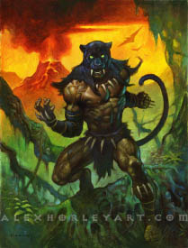 Black Panther stands on a large tree branch, with muscles flexed and in a warrior's stance. His mouth is slightly open, and his piercing eyes shine through his Panther mask. On the back of his fists are small claws attached. He wears little clothing other than the Panther pelt on his head and shoulders, and a necklace lined with large teeth, as well as matching wraps around his arms and a loincloth. Behind him is an erupting volcano and soaring Pterodactyls.