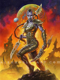 The alien warrior Caeira stands in a rocky, twisted langscape with dust rising up to space, with a planet and its moon behind her. She is holding a double-sided glaive behind her shoulder and a double-sided dagger at hip height, pointed downward, and has one foot up on a rock. She is looking directly at the viewer. She wears form fitting golden armor with ornamentation around the shoulders. She has a long ponytail and angular tattoos on her forehead.