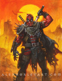 Deadpool stands in a ruined cityscape, framed by the sun behind him, in a post-apocalyptic themed outfit on top of his regular red and black garb. He wears a gas mask, spiked pauldron, and tattered cloth, and is drawing a sword from his back.