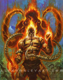 Ghost Rider courses with flame, with the fiery visage of a wooly mammoth behind him. His head is a flaming skull, and his body is pale and muscular, wrapped in leather, with a loincloth. One fist is raised, burning brightly, and his other hand grips a skeletal whip made of vertebrae that coils around his body. The spectral mammoth behind him has glowing eyes and enormous tusks, and is surrounded with flames. Around him is the underbrush of a jungle and a snowy mountain range in the background.