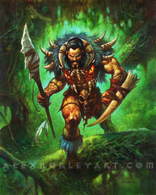 Kraven stalks through the jungle, with jet black hair, a beard, and an angry expression on his scarred face. He wears little around his limbs, but his torso is armored with the eyes of a creature and is festooned in huge tusks. He holds a spear in one hand, with a massive fang tied to his other wrist.