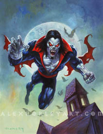 Morbius flies through the air with his hand outstretched, and the moon behind him. He wears a red cloak and tight fitting clothing, with eyes and teeth like a bat's.