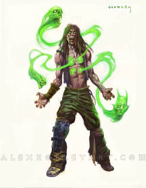 The Soulstalker is a ghoulish person with runes on their chest, with angry spirits trailing out of the runes. They appear angry, all of their muscles straining. They wear a torn vest and thick cloth pants.