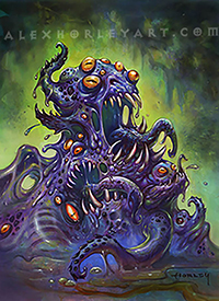 A writhing mass of flesh, eyes, and savage teeth forms a mound, rising from a swamp.