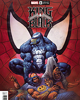 Venom sits above a pile of fallen foes, with Spider-man's face in the background.