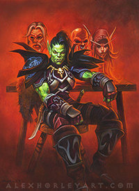 Maestra, an orc Rogue, sits calmly in front of masks of Uther, Garrosh, and Sylvanas.