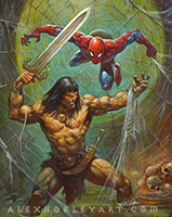 Spider-Man and Conan the Barbarian battle fiercely in a swamp.