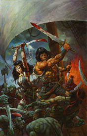 Conan and Belit fight pirates on a ship, both of them with bloodied blades lifted above their heads. They are surrounded by pirates, with a sail above them, and fire in the distance behind them. Both of them appear angry and determined. Belit holds a curved blade above her head with two hands, and wears golden jewelry and armbands. At her hip are two other blades. Conan wears an open vest and simple pants, and holds a large sword in one hand, and a dagger in the other. He has a third small blade attached to his belt.